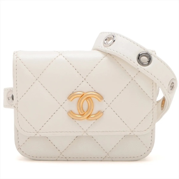 CHANEL Handbags - Chanel Mini Matelasse White Lambskin Belt Bag Gold x Silver Metal